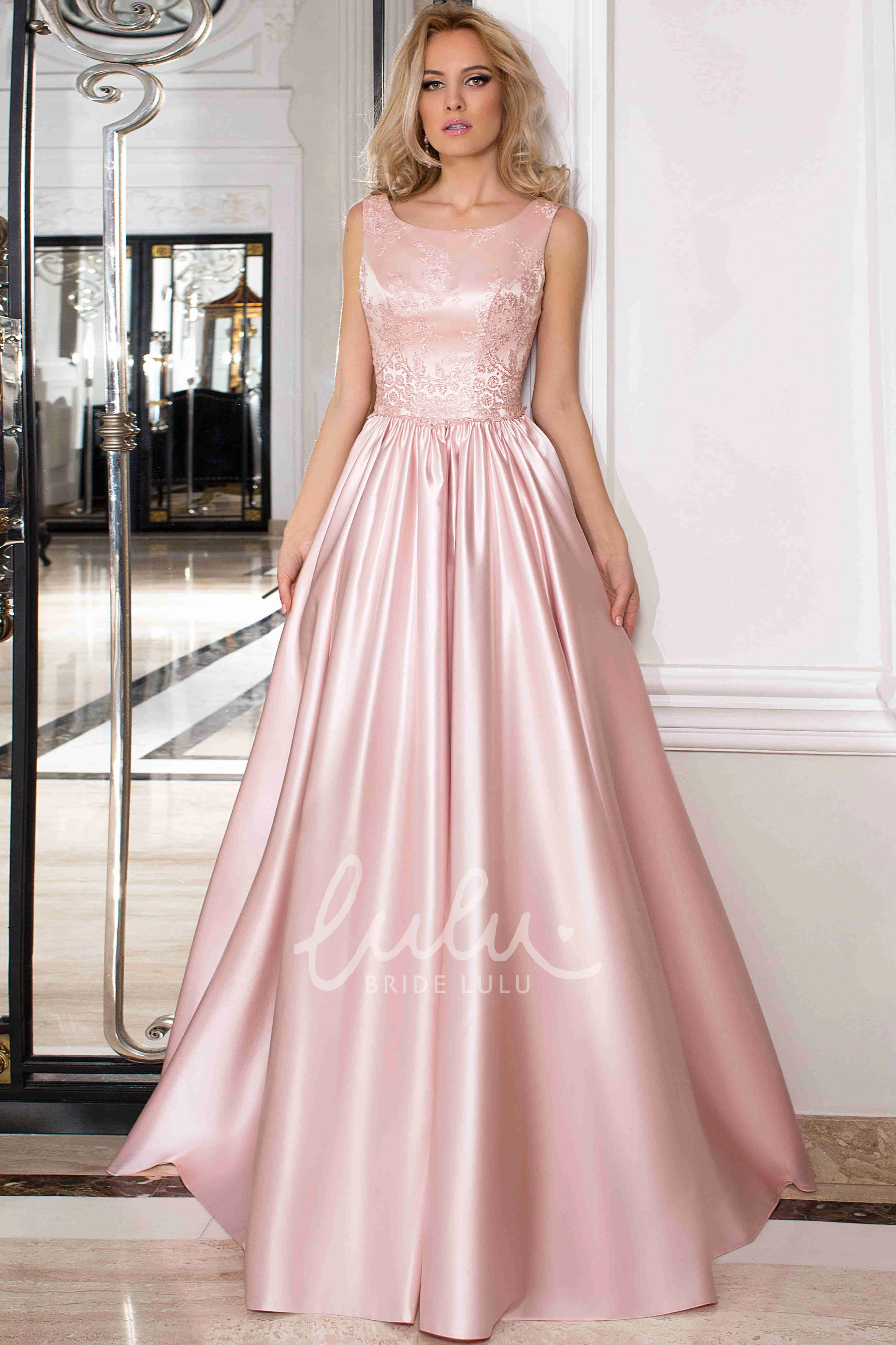 Satin A-Line Bridesmaid Dress with Embroidery and Low-V Back