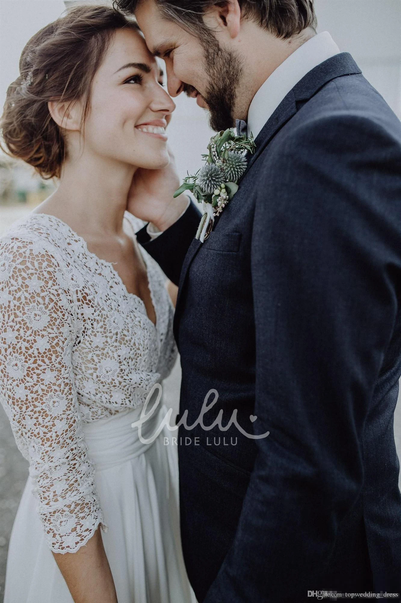 Chiffon and Lace Scalloped Plunging Wedding Dress Ethereal & Modern