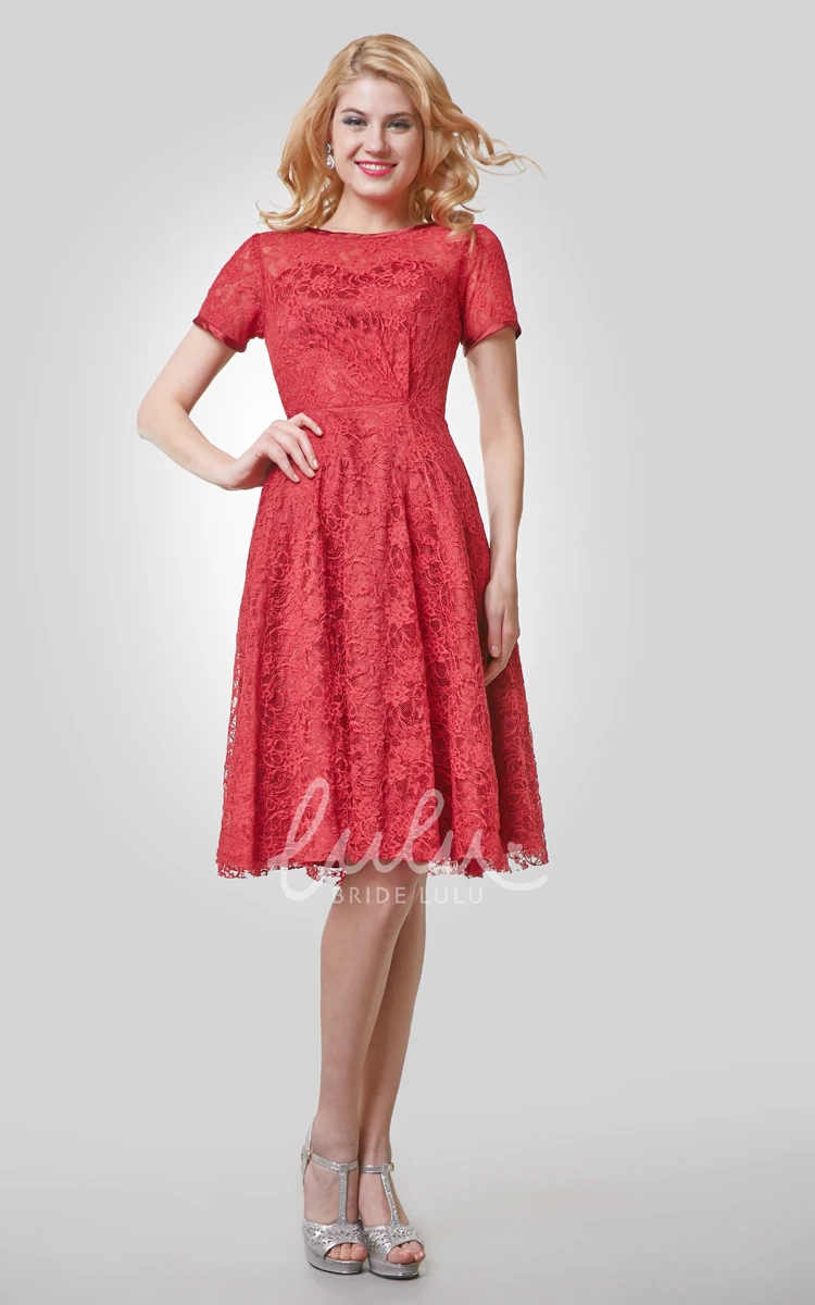 Bateau Neckline Lace Dress A-Line with Short Sleeves and Knee Length