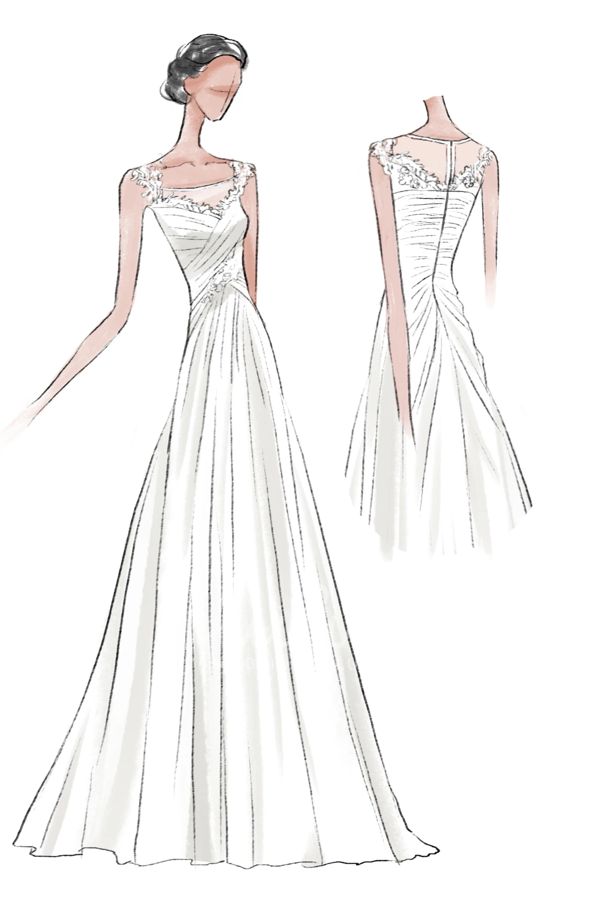 Chiffon Cap-Sleeve Scoop-Neck Dress with Ruching and Appliques