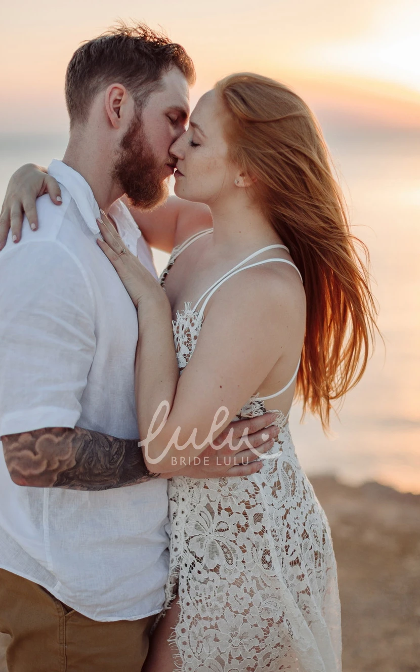 Casual Beach Garden Spaghetti V-neck Lace A-line Wedding Dress with Split Front Boho Wedding Dress