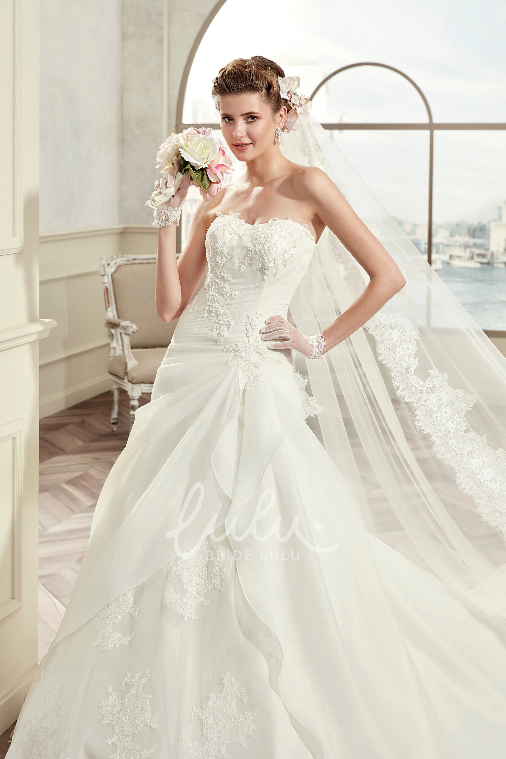 Lace Long Wedding Dress with Asymmetrical Ruffles Strapless Boho Beach