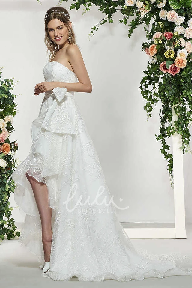 Sweet Lace High-low Wedding Dress with Sash and Bow Sleeveless Sweet High-low Lace Wedding Dress