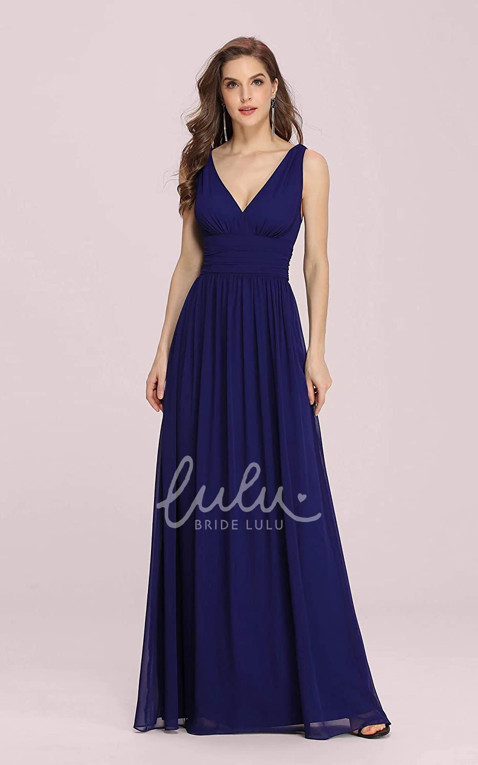 Romantic Chiffon V-neck A-line Prom Dress with Ruffles and Sleeveless Bridesmaid Dress