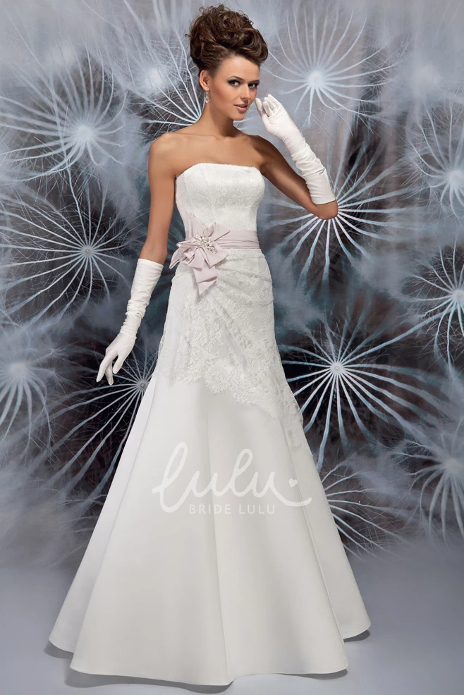 Strapless Lace Satin Wedding Dress with Ruching A-Line Maxi Style