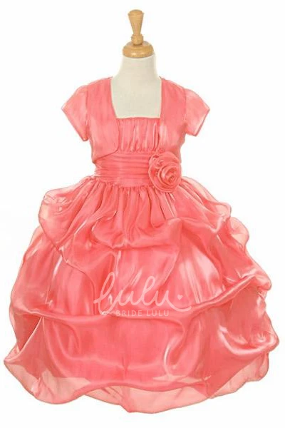 Organza & Satin Flower Girl Dress with Pick Up Tea-Length Ruched Spaghetti Elegant
