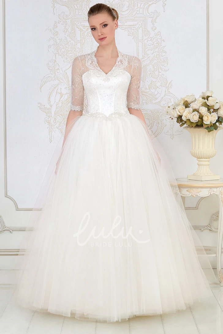 Ball Gown Tulle Wedding Dress V-Neck Illusion-Sleeves Beading Corset Back