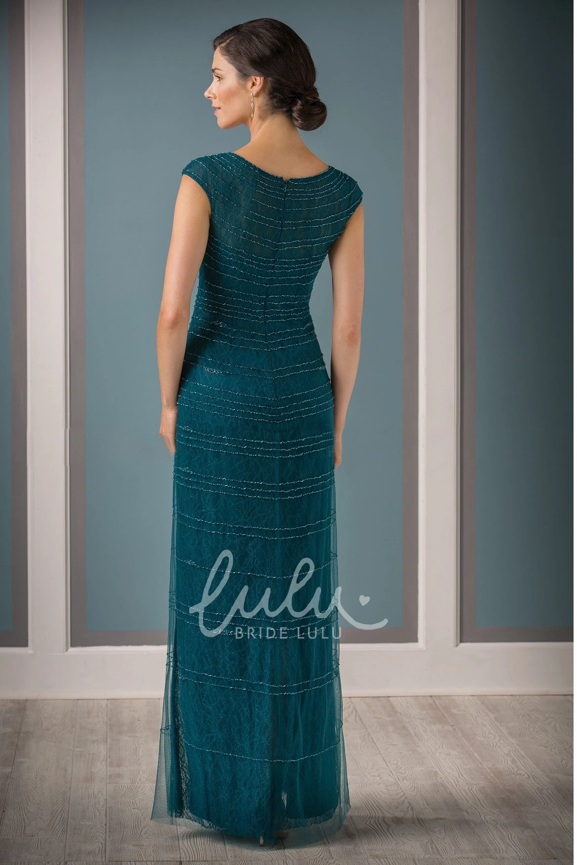 Long Lace Mother Of The Bride Dress with Beadings and Cap Sleeves