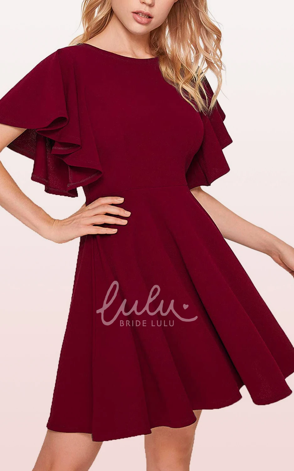 Jersey A-Line Dress Short Sleeve Modest Elegant Pleated Zipper