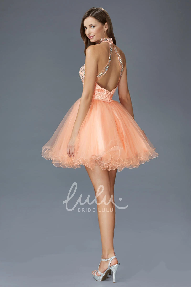 High Neck Tulle Ruffled Formal Dress with Beading