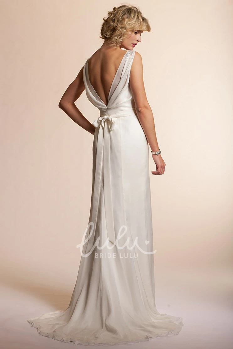Jeweled Chiffon Long Wedding Dress with Sweep Train and V-Back Unique Bridal Gown