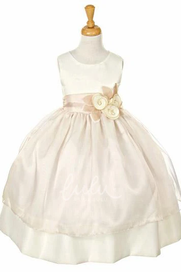 Tiered Organza Tulle Flower Girl Dress Tea-Length