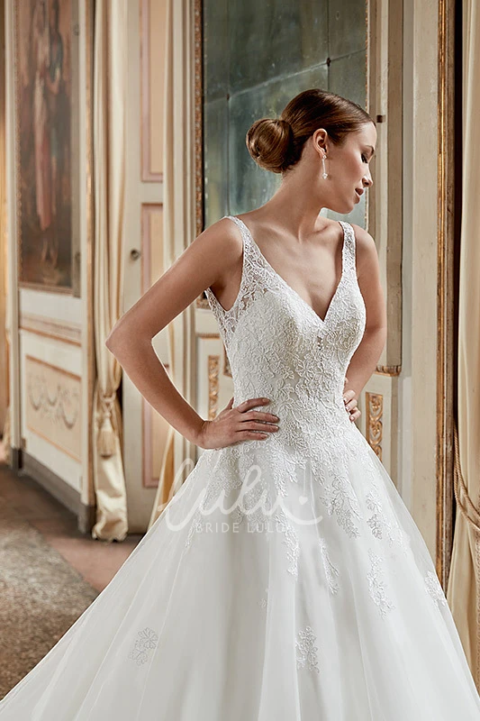 Floor-Length Ruffled V-Neck A-Line Tulle Wedding Dress