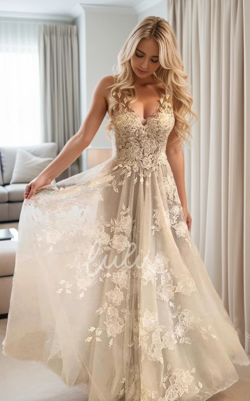Romantic Lace Petals Ethereal Sleeveless Illusion Straps Floor-length V-neck V-back Mesh Wedding Dress