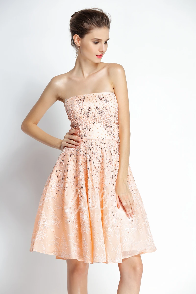 Lace Prom Dress with Beading A-Line Strapless Sleeveless Knee-length
