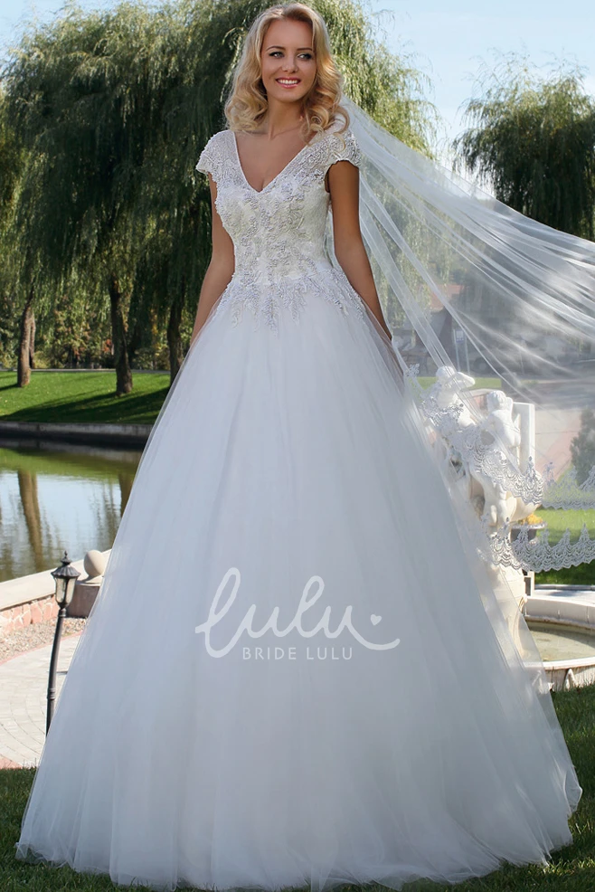 V-Neck Appliqued Tulle Wedding Dress Classy Ball Gown