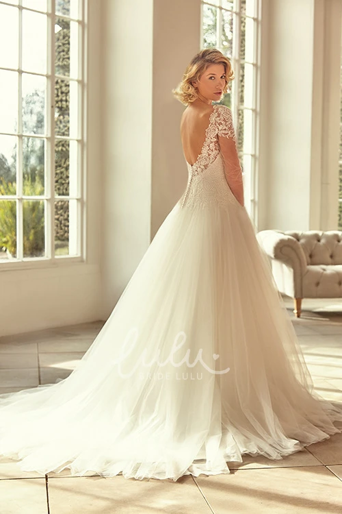 Tulle&Lace Cap-Sleeve V-Neck Wedding Dress Maxi Appliqued
