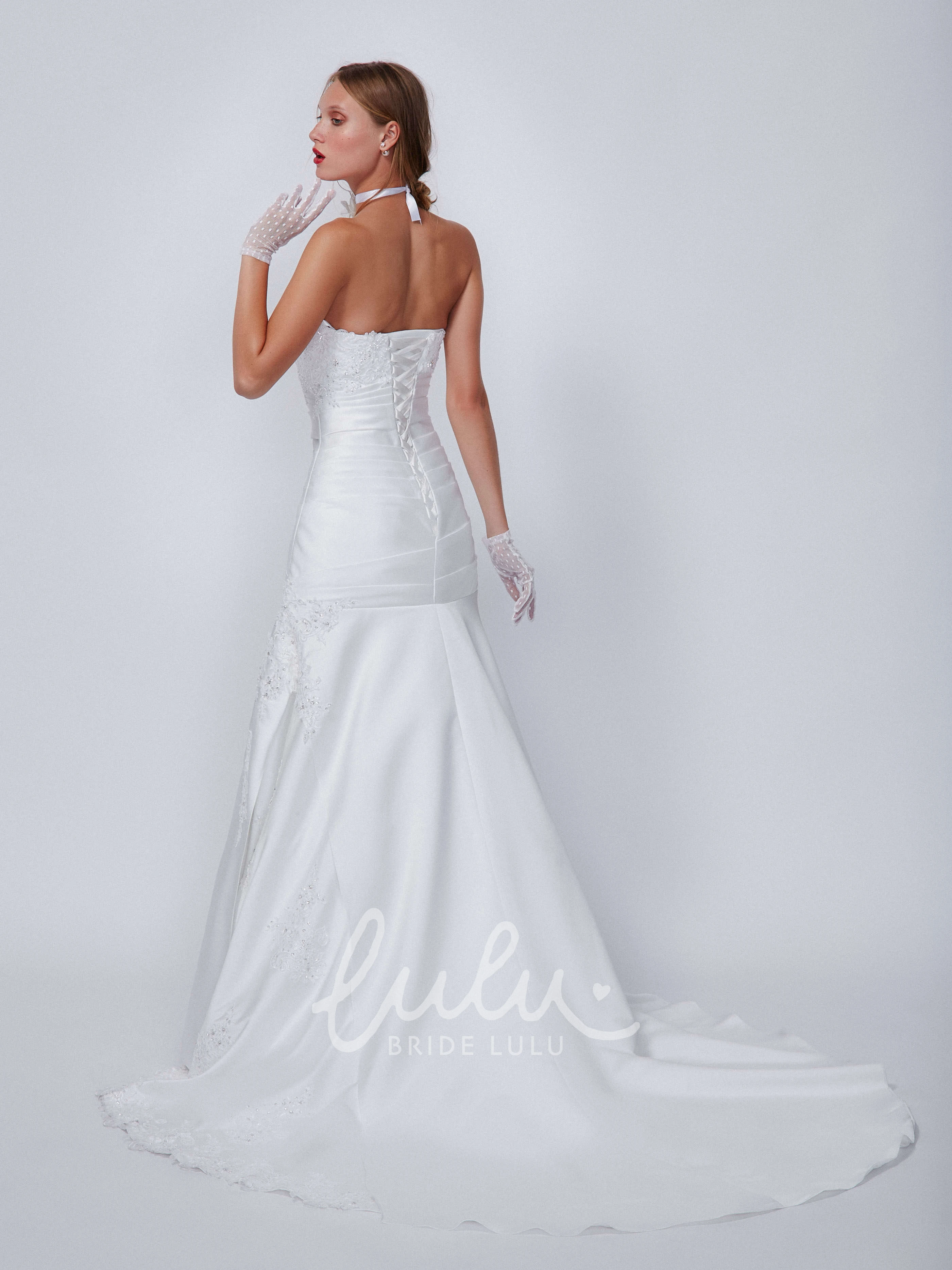 Beaded Satin Strapless Bridesmaid Dress with Side Draping A-Line Bridal Gown