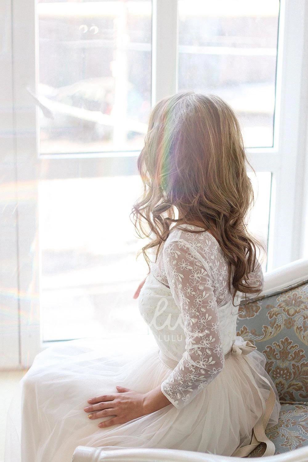 Tulle Lace Bodice Wedding Dress With Long Sleeves and Scoop Neck