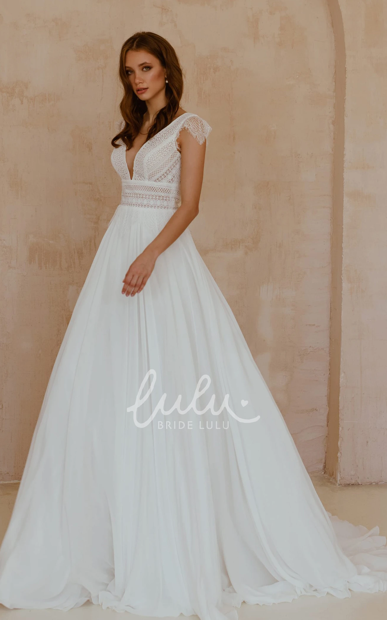 Bohemian Chiffon Lace A-Line Wedding Dress with V-Neck & Short Sleeves