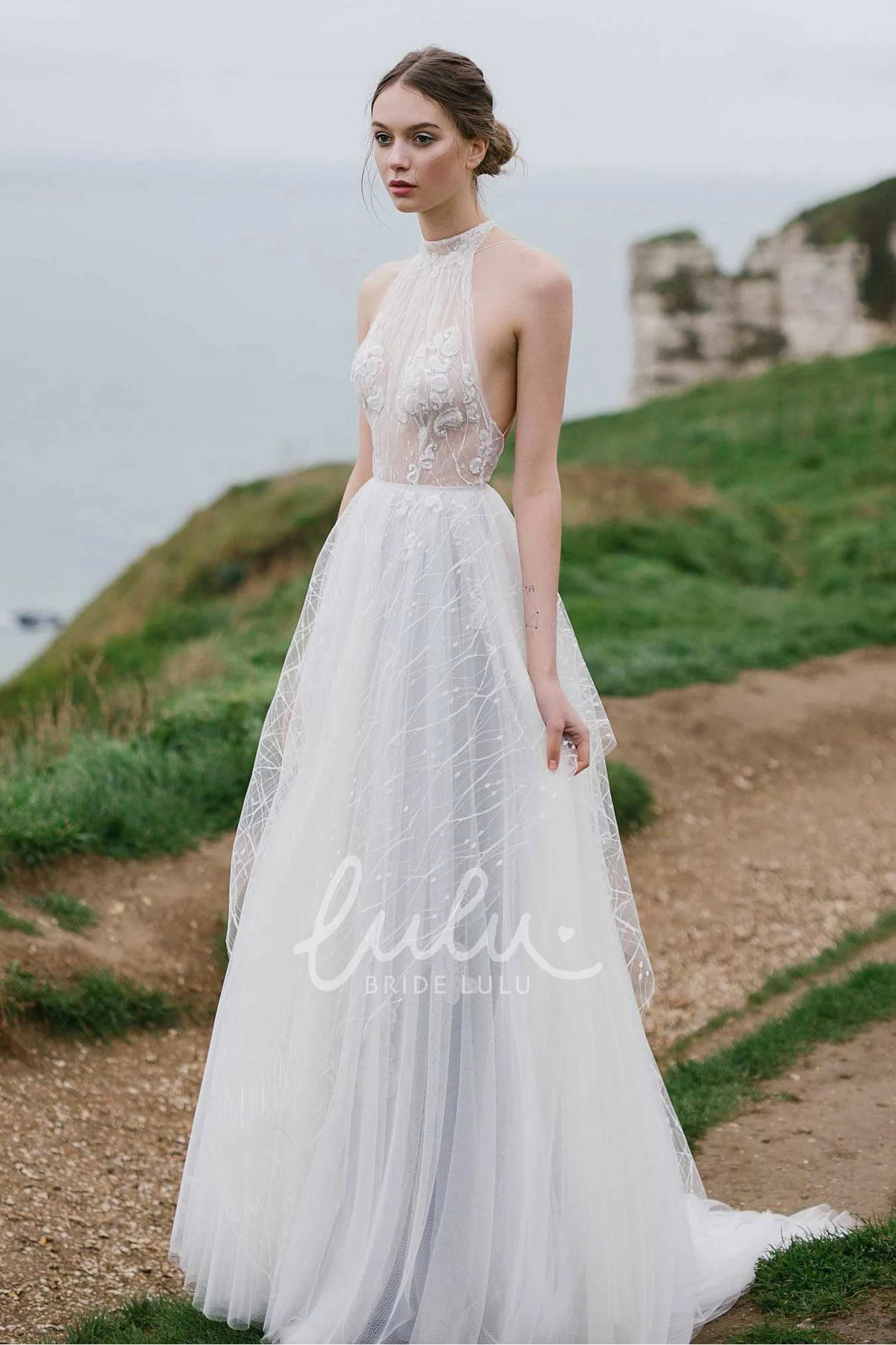 A-Line Tulle Dress with Appliques and High Neck Unique Wedding Gown