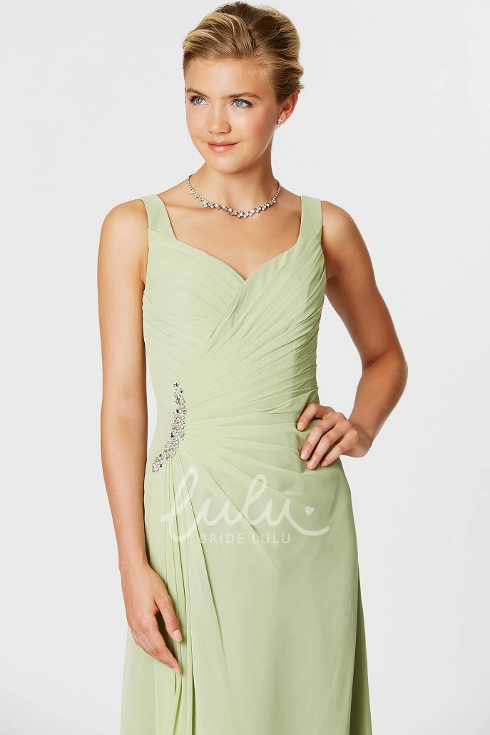 Sleeveless Chiffon Bridesmaid Dress with Side-Draped Straps and Beaded Details