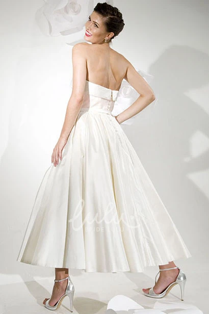 Satin Tea-Length A-Line Wedding Dress with Strapless Style and V Back
