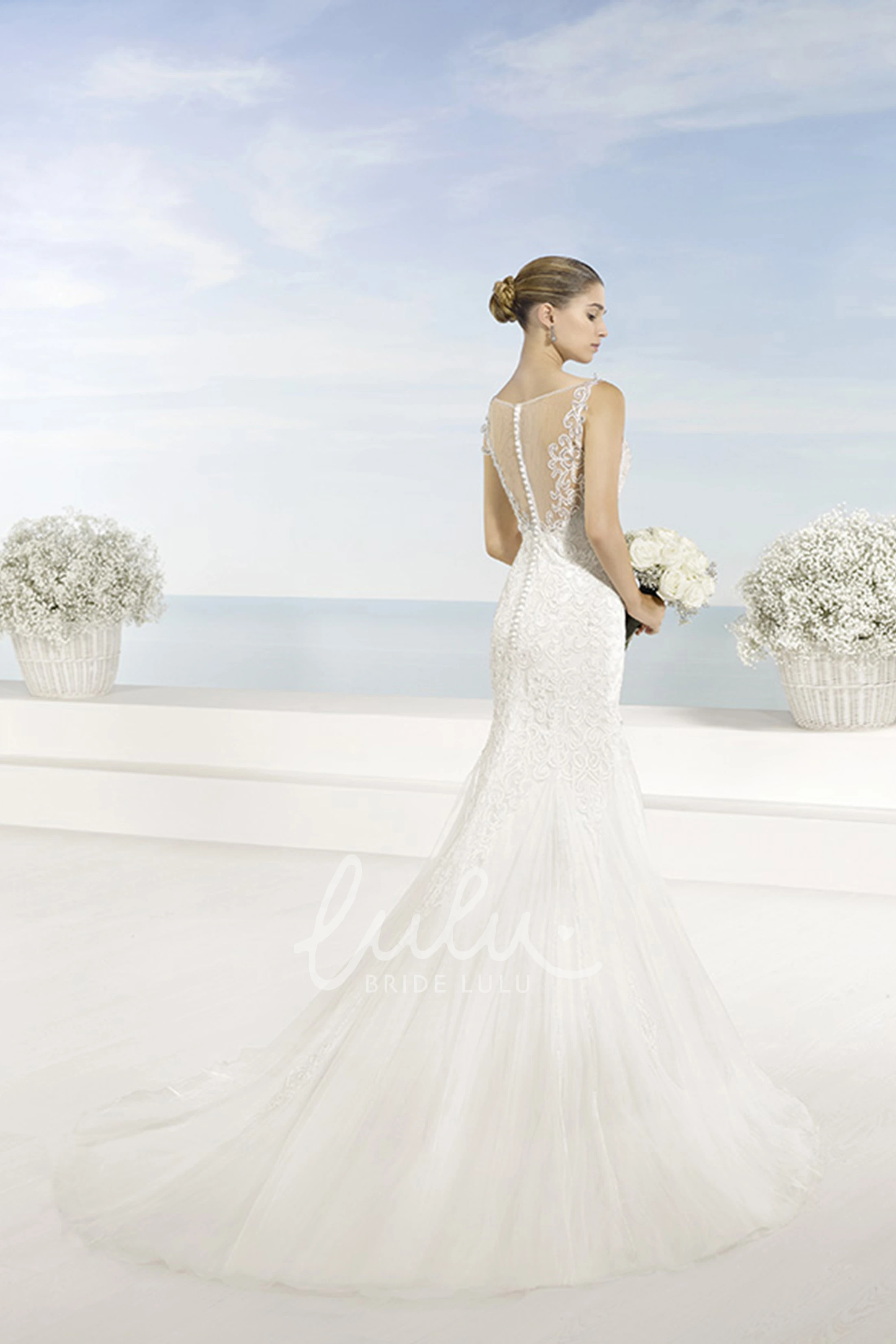 Sleeveless Lace Mermaid Wedding Dress with Chapel Train and Illusion Back