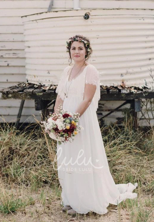 Chiffon A-Line Wedding Dress with Scoop Neckline Lace Details and Zipper Closure