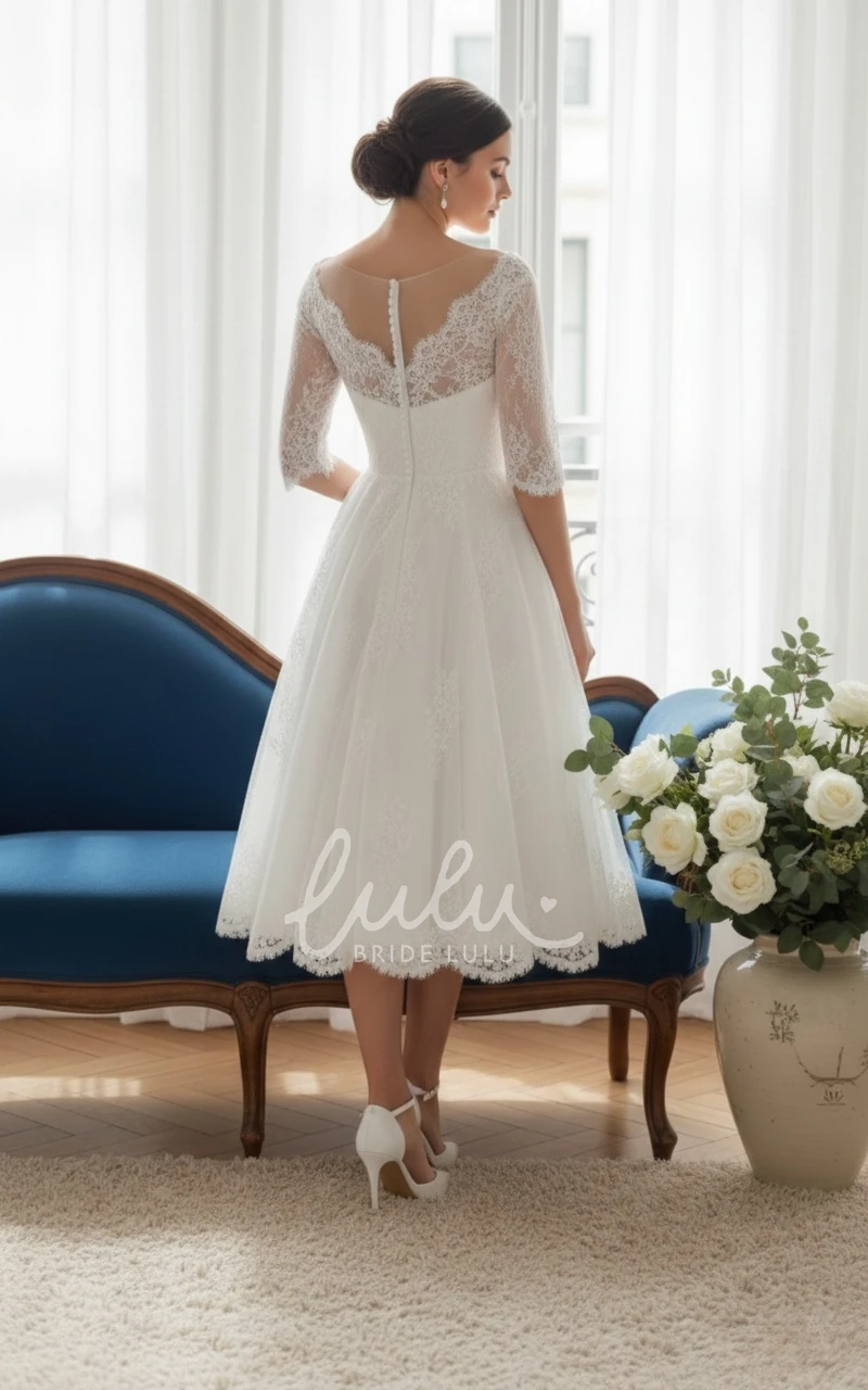 Simple Lace A-line Wedding Dress Half Sleeve Tea Length Civil Bridal Gown