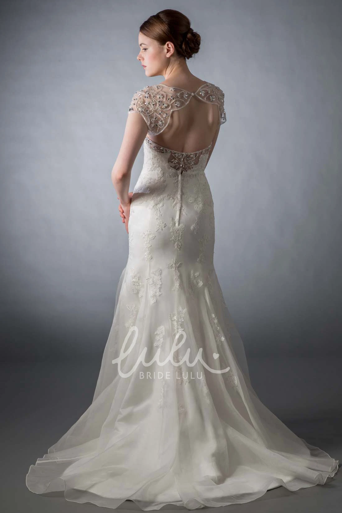 Beaded Lace Mermaid Wedding Dress with Cap Sleeves and Keyhole Elegant Bridal Gown