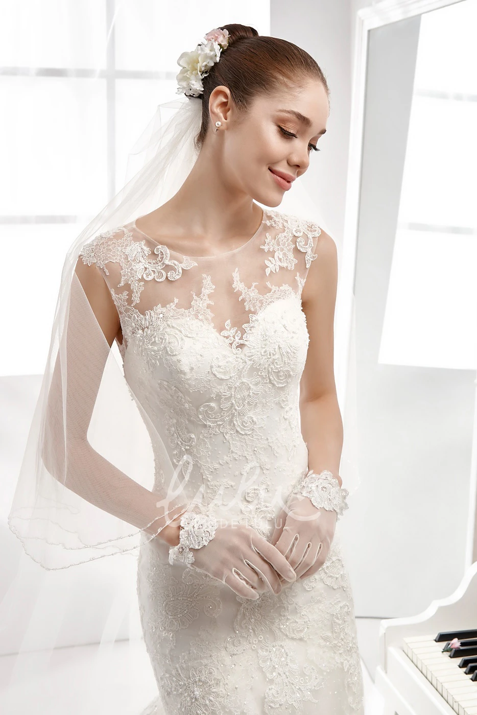 Lace Cap-Sleeve Mermaid Wedding Dress with Illusive Neckline