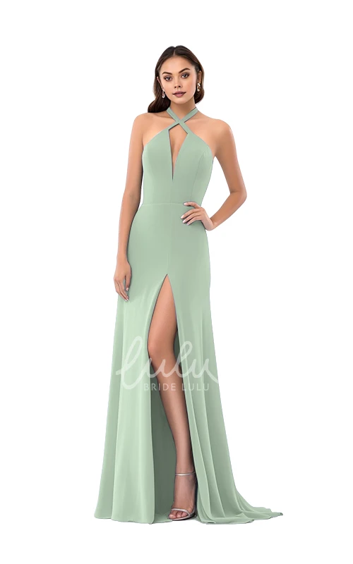 Modern Plunging Neck Satin Bridesmaid Dress Sheath Split Front Classy