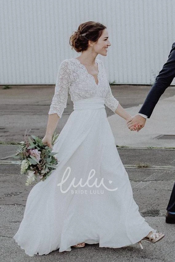 Chiffon and Lace Scalloped Plunging Wedding Dress Ethereal & Modern