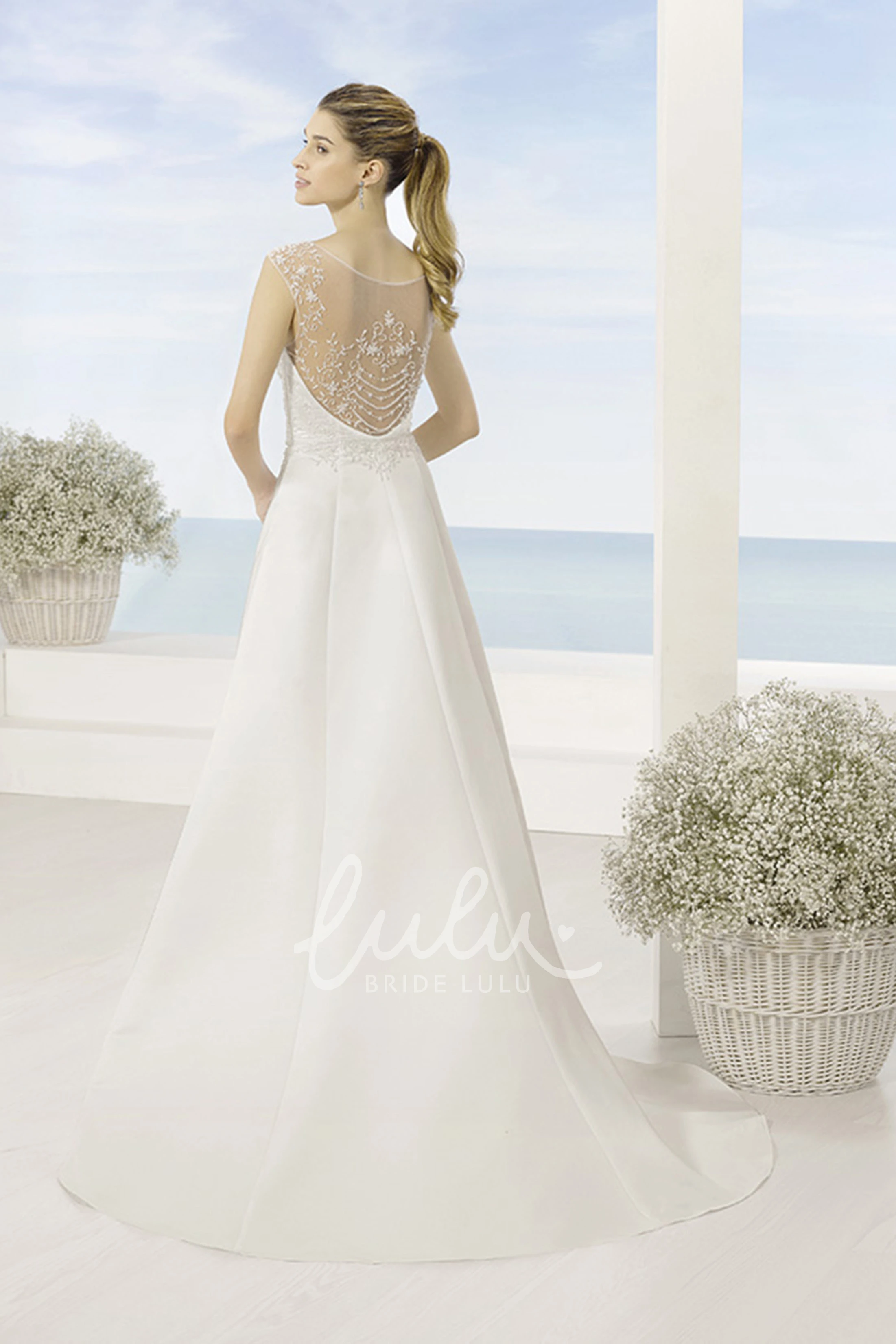 A-Line V-Neck Appliqued Satin Wedding Dress with Court Train and Illusion Back