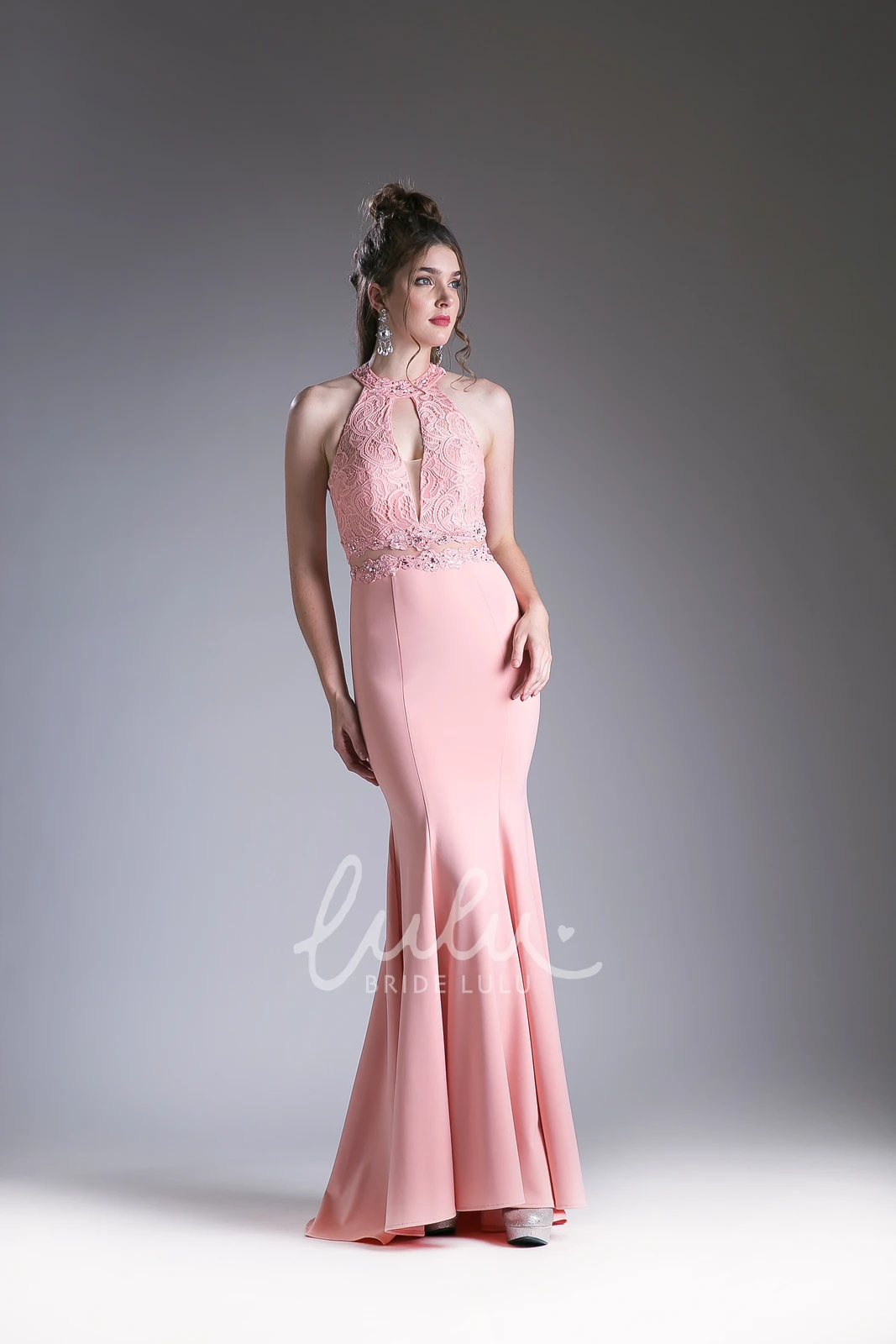 High Neck Sleeveless Maxi Jersey Dress with Lace and Appliques Formal Dress
