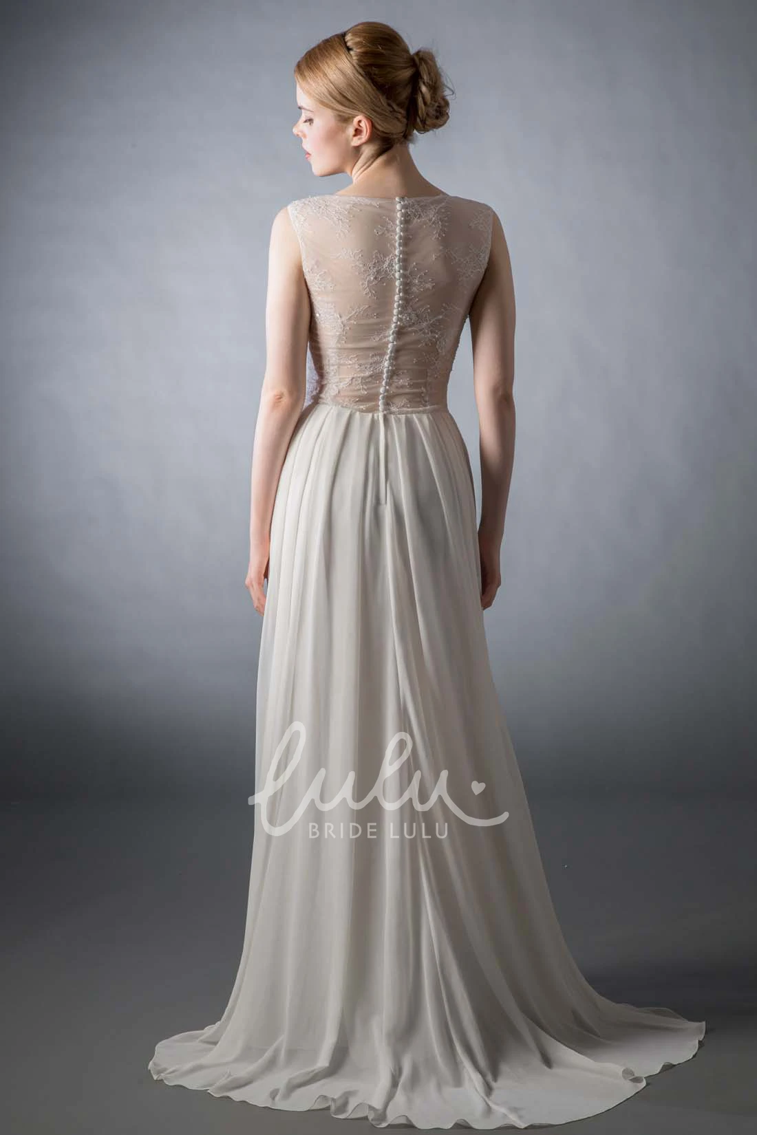Sheath Beaded Satin&Chiffon Wedding Dress with Scoop Cap-Sleeve & Illusion Back