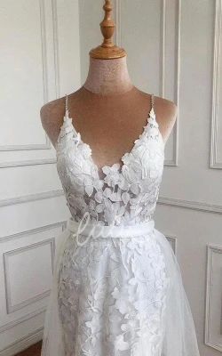 Romantic Lace A Line Prom Dress with Sash Floor-length Train Sleeveless