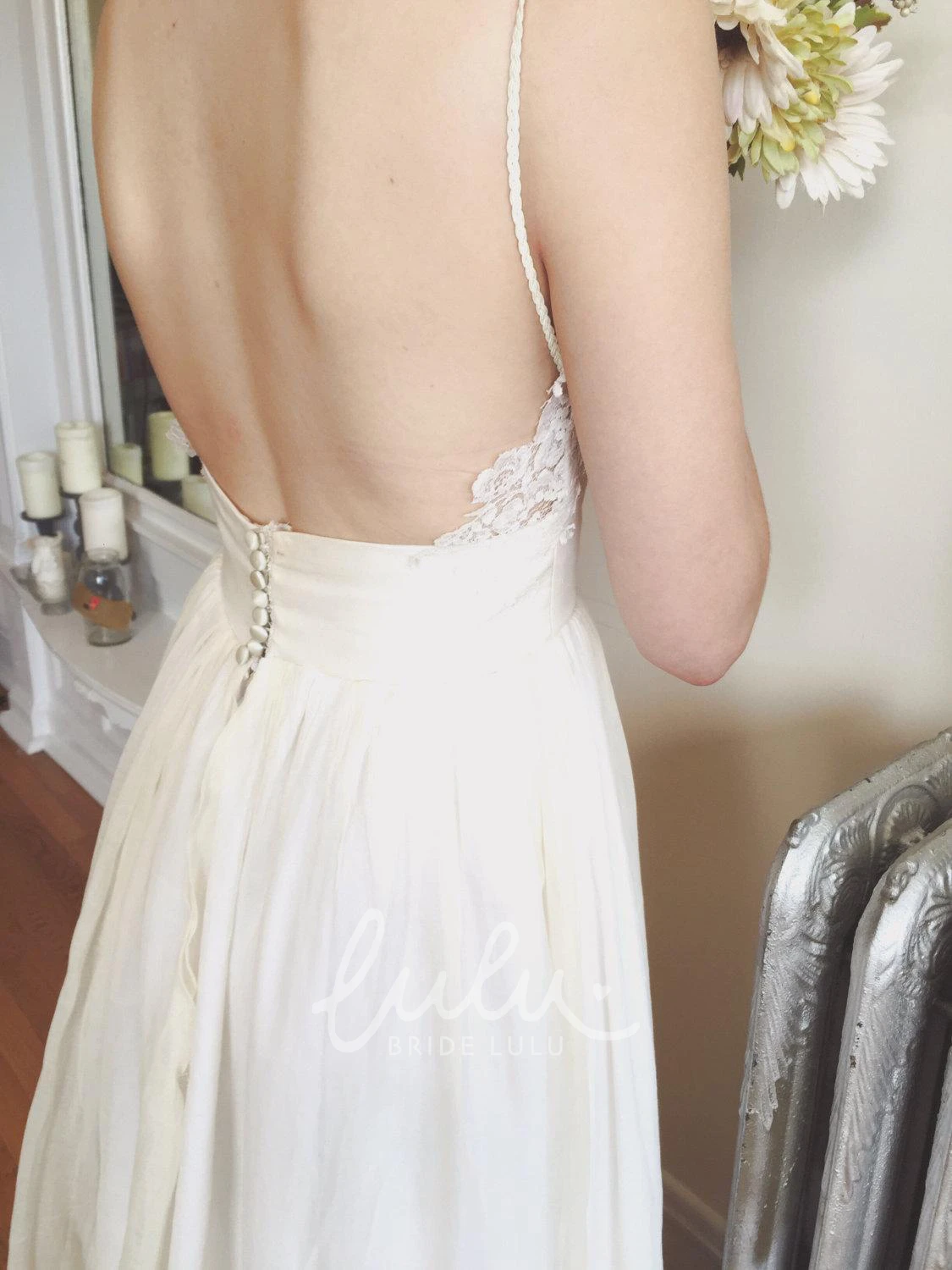 Boho Spaghetti Strap A-Line Chiffon Wedding Dress with Backless Design
