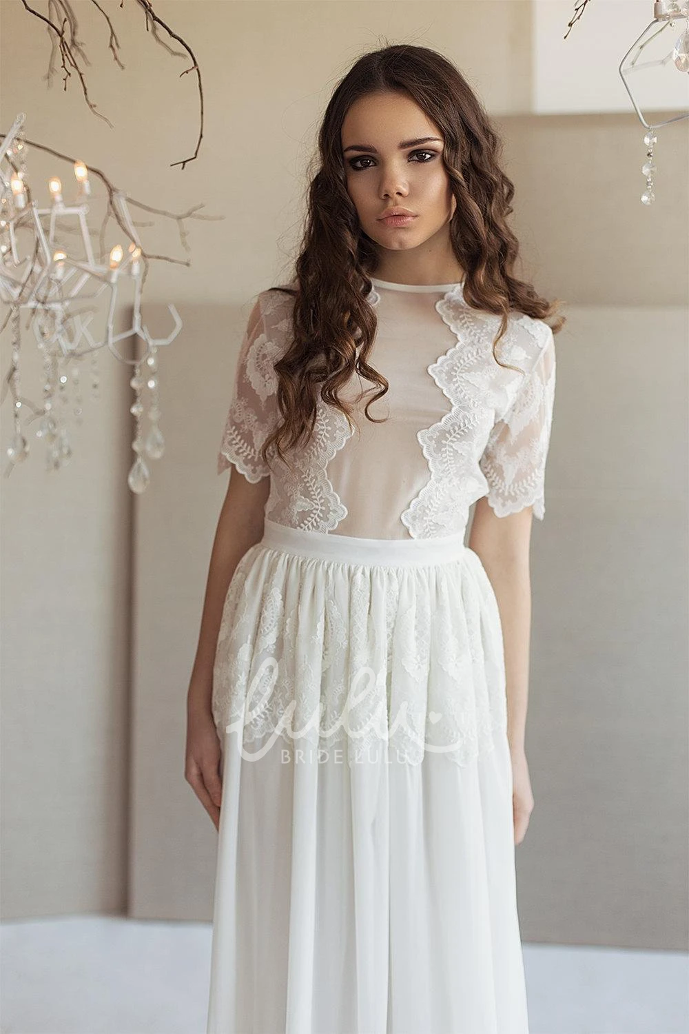 Illusion Chiffon Lace Wedding Dress with High Neck and Half Sleeves