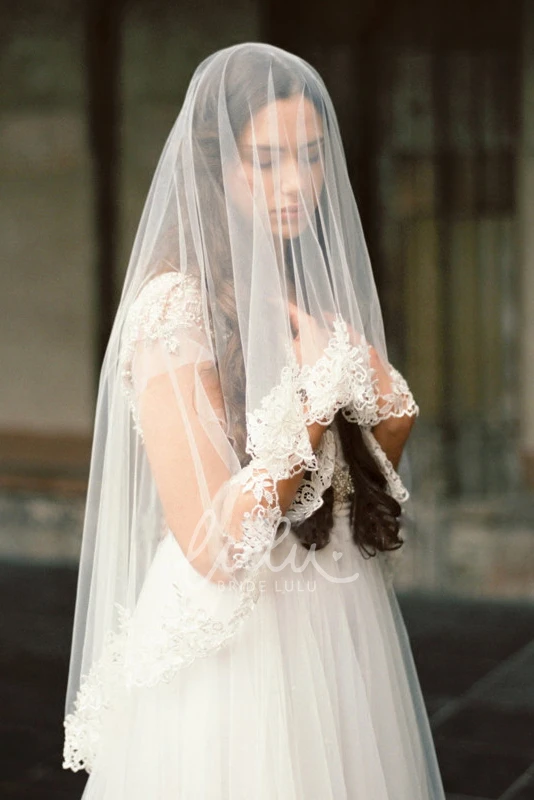 New Western Schiffli Lace Applique Tulle Veil Elegant & Flowy