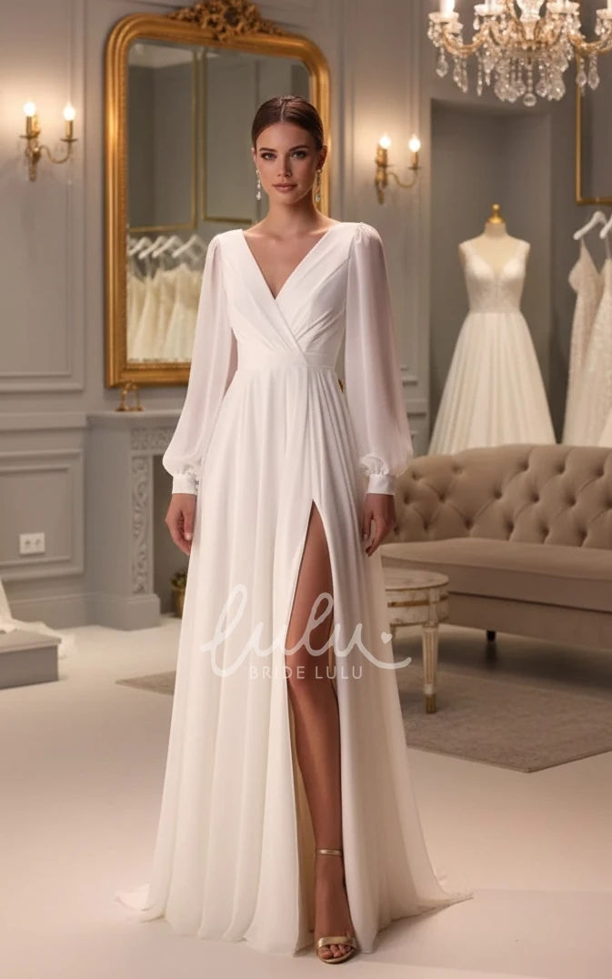 Simple Minimalist Split Front Long Sleeve Maxi A-Line Warm Wedding Dress Solid Flowy Casual Low Back Floor Length Reception Vow Renewal Bridal Gown