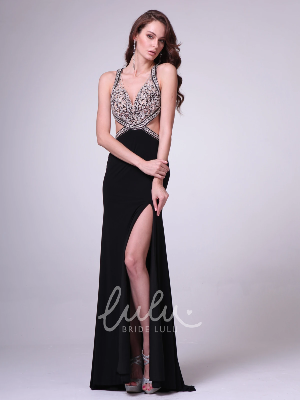 V-Neck Jersey Formal Dress with Split Front and Beading Sheath Straps Sleeveless