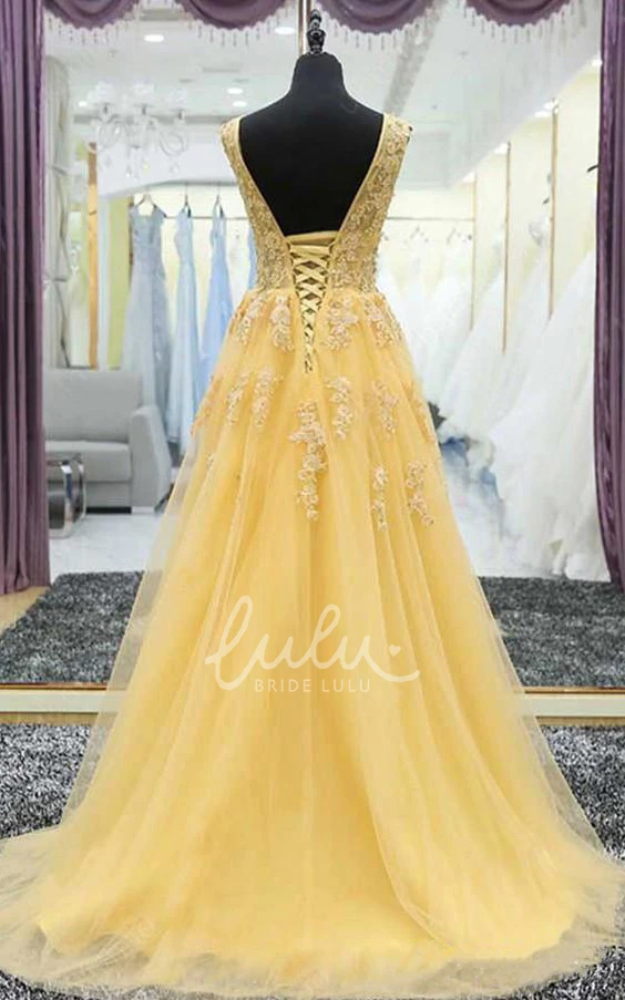 Tulle V-neck Straps Evening Dress with Pleats and Brush Train