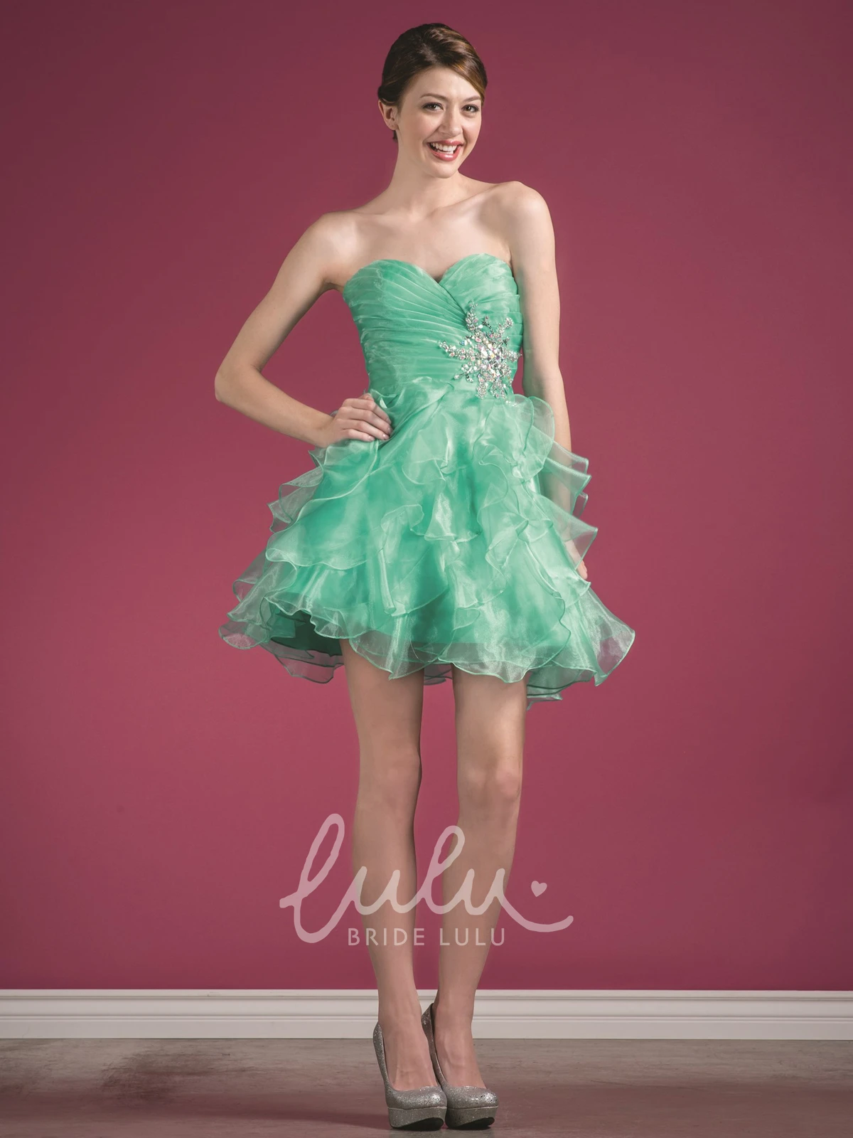 Ruffled A-Line Organza Prom Dress with Sweetheart Neckline