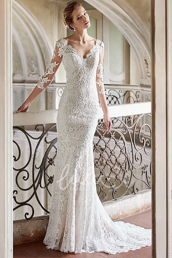 Sheath Lace Wedding Dress with V-Neck 3/4 Sleeves and Backless Design Unique Bridal Gown