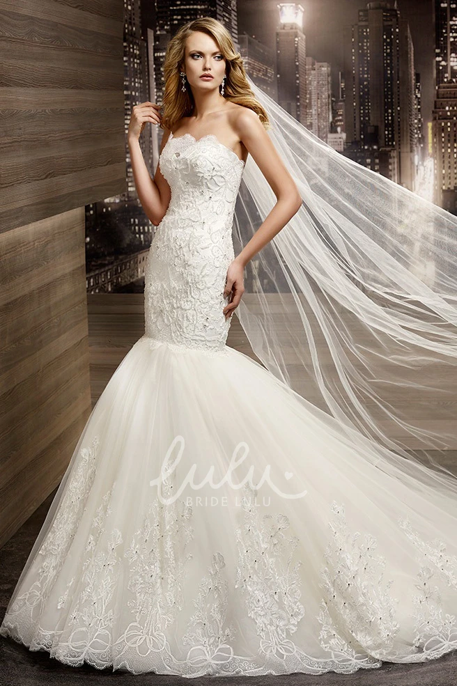 Lace Mermaid Wedding Dress with Appliques and Brush Train