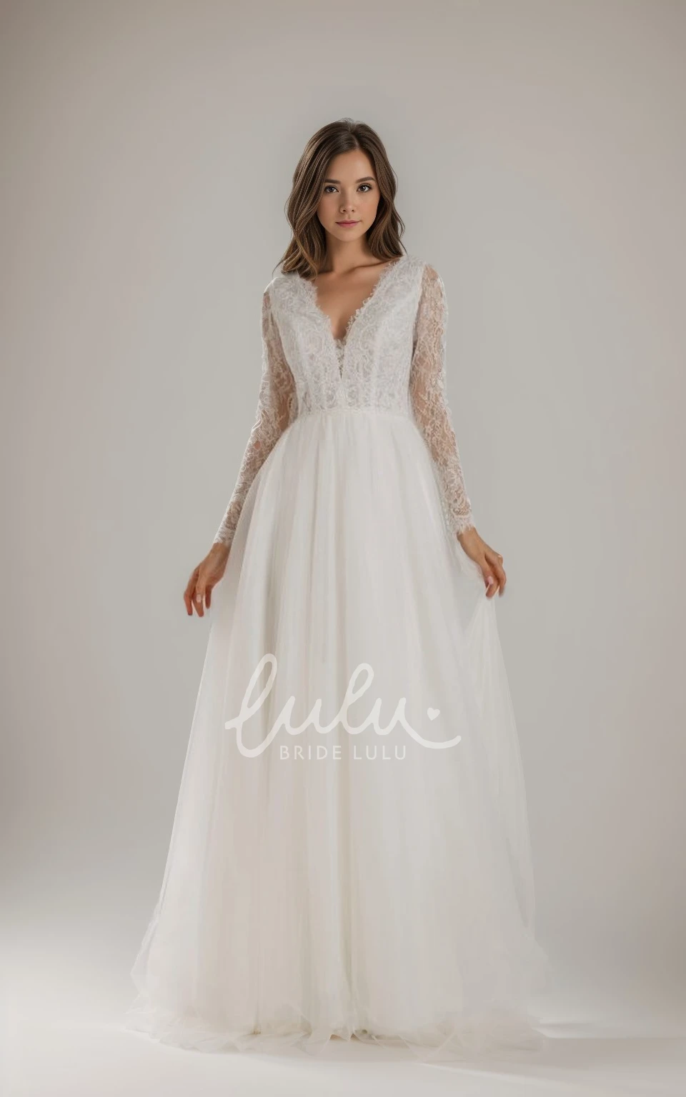 Romantic A-Line V-Neck Lace Spring Wedding Dress with Long Sleeves and Court Train Elegant Garden Gown