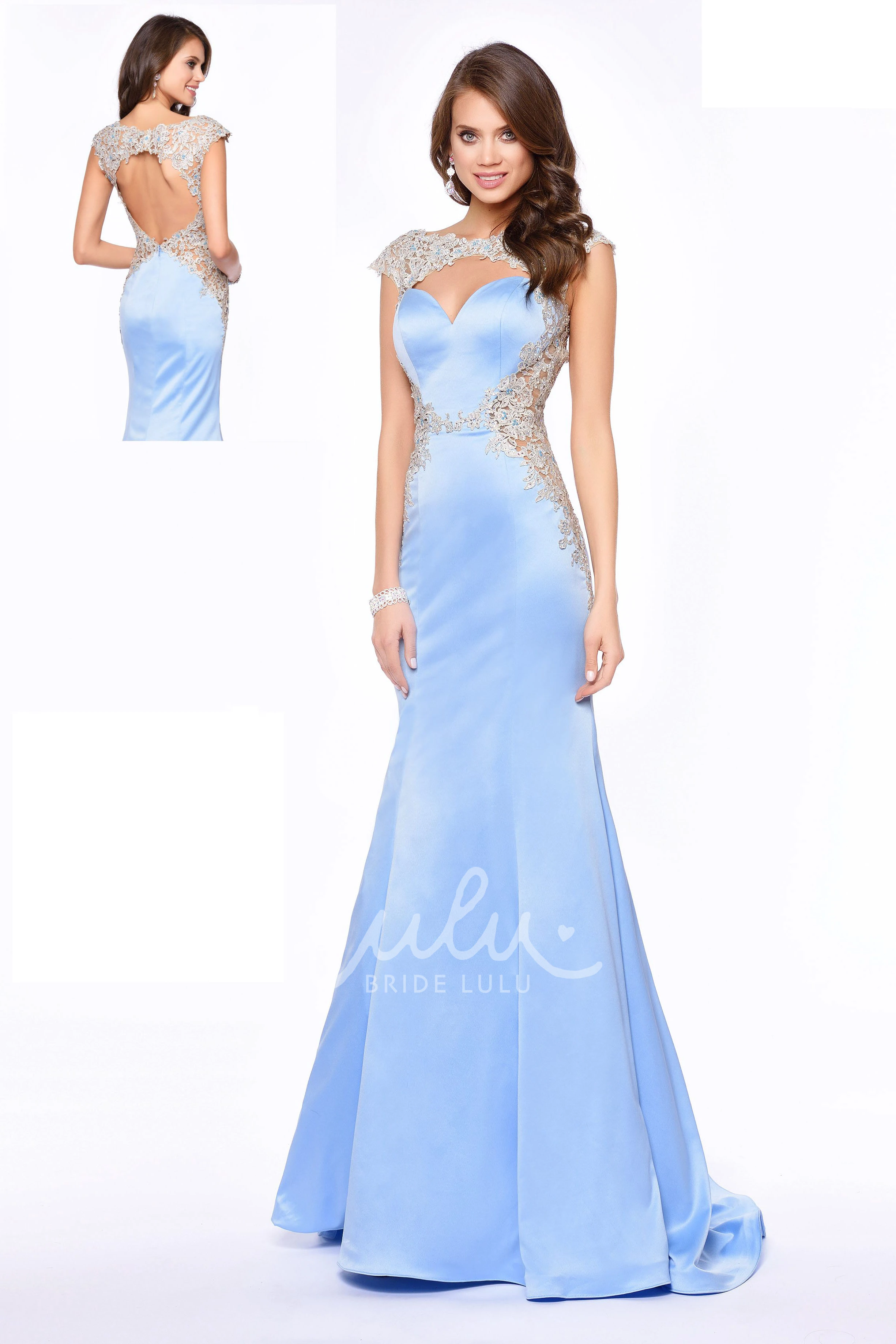 Appliqued Satin Sheath Formal Dress with Cap Sleeves and Keyhole