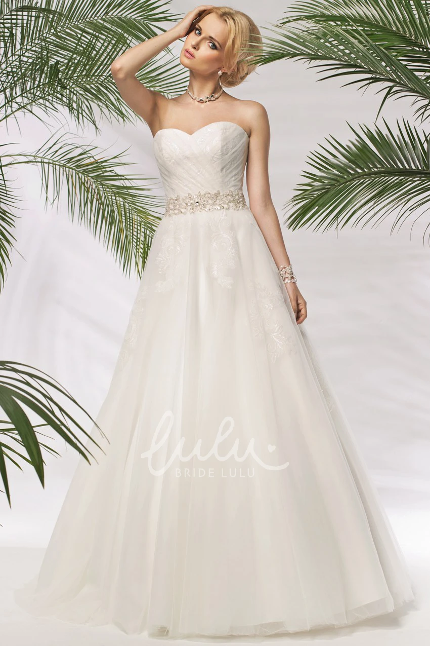 Sweetheart A-Line Tulle Wedding Dress with Waist Jewelry Floor-Length